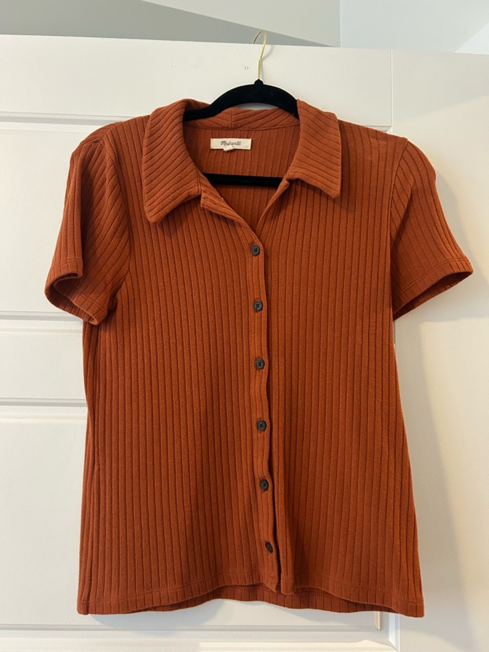Madewell Rust Ribbed Short Sleeve Button-Up Top